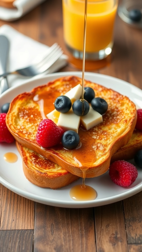 Healthy Air Fryer French Toast Recipe Golden-brown air fryer French toast topped with berries and maple syrup on a rustic table.